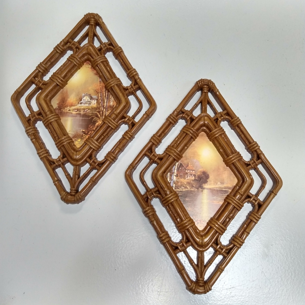 Homco Diamond shape faux wicker wall plaques